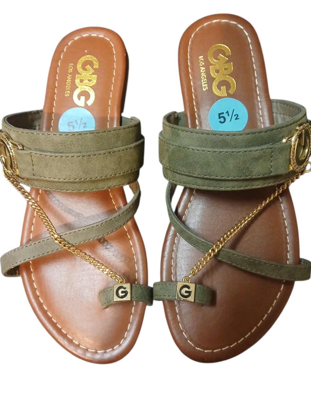 GBG - NWOB,  Strappy Sandals, Flat Heel, 5- 1/2 M, Non-Slip Soles, Chain Accent - Picture 7 of 7